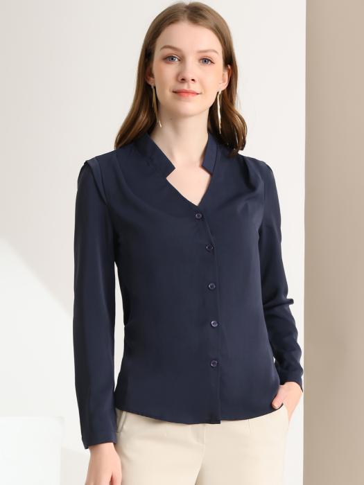 Allegra K シフォンブラウス シャツ Vネック ワーク オフィス ボタンアップ エレガント レディース ネイビーブルー XL 商品画像2：soten co