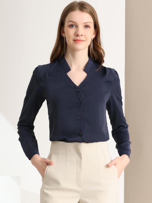 Allegra K シフォンブラウス シャツ Vネック ワーク オフィス ボタンアップ エレガント レディース ネイビーブルー XL 商品画像3：soten co
