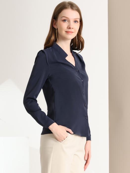 Allegra K シフォンブラウス シャツ Vネック ワーク オフィス ボタンアップ エレガント レディース ネイビーブルー XL 商品画像4：soten co