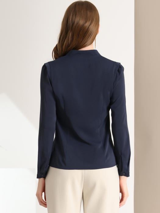 Allegra K シフォンブラウス シャツ Vネック ワーク オフィス ボタンアップ エレガント レディース ネイビーブルー XL 商品画像5：soten co