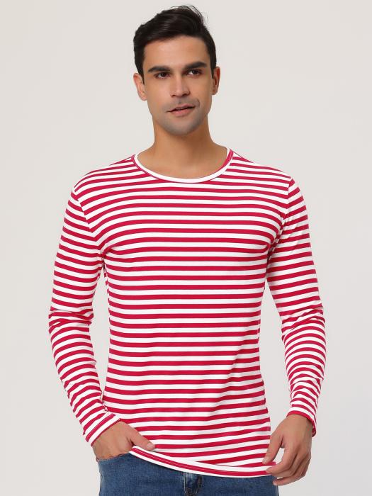 Allegra K メンズ ボーダー tシャツ カットソー 長袖 柄シャツ ストライプ クルーネック コットン ホワイトレッド 38 商品画像2：soten co