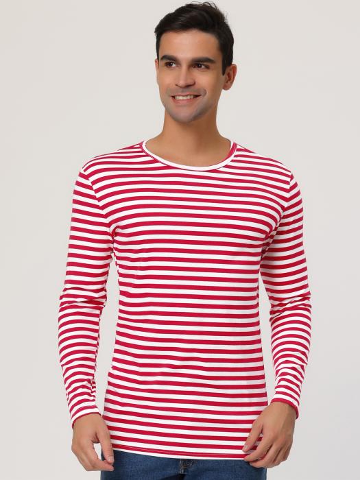 Allegra K メンズ ボーダー tシャツ カットソー 長袖 柄シャツ ストライプ クルーネック コットン ホワイトレッド 38 商品画像3：soten co