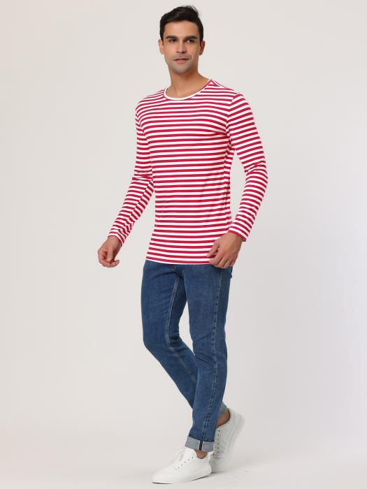 Allegra K メンズ ボーダー tシャツ カットソー 長袖 柄シャツ ストライプ クルーネック コットン ホワイトレッド 38 商品画像4：soten co