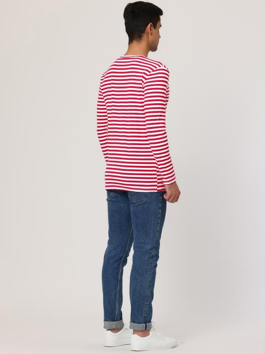 Allegra K メンズ ボーダー tシャツ カットソー 長袖 柄シャツ ストライプ クルーネック コットン ホワイトレッド 38 商品画像5：soten co