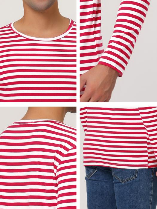 Allegra K メンズ ボーダー tシャツ カットソー 長袖 柄シャツ ストライプ クルーネック コットン ホワイトレッド 38 商品画像6：soten co