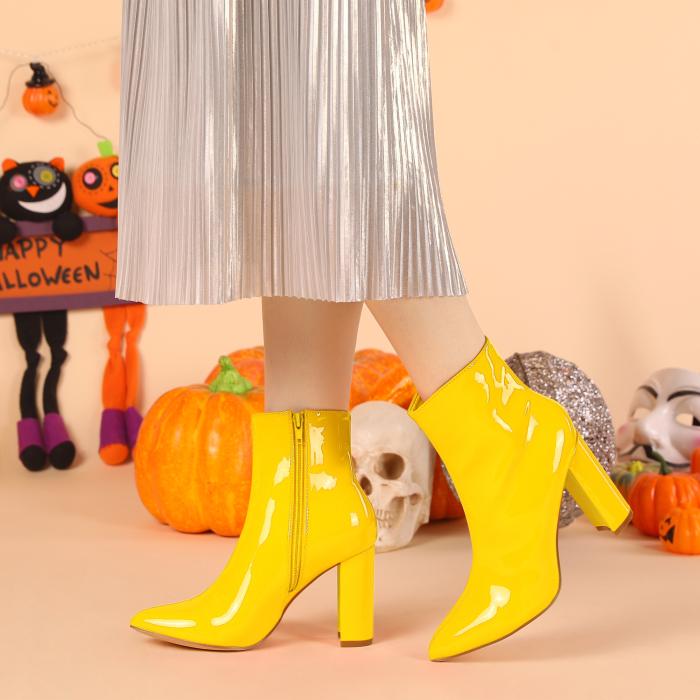 Allegra K アンクルブーツ ジッパー チャンキーヒール ポインテッドトゥ レディース イエロー 24.5cm 商品画像2：soten co