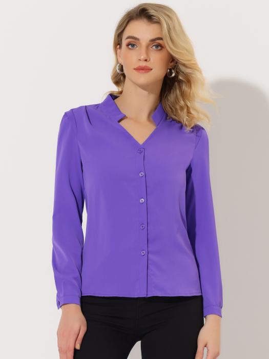 Allegra K シフォンブラウス シャツ Vネック ワーク オフィス ボタンアップ エレガント レディース パープル XL 商品画像2：soten co