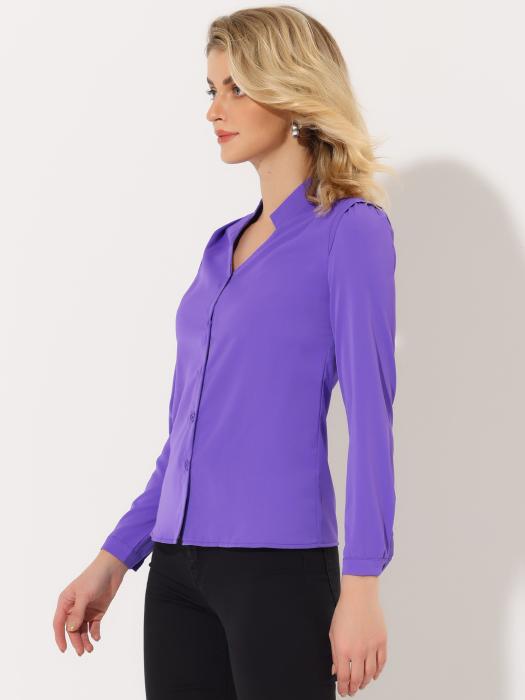 Allegra K シフォンブラウス シャツ Vネック ワーク オフィス ボタンアップ エレガント レディース パープル XL 商品画像3：soten co