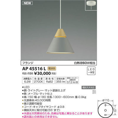 【納期目安：１週間】コイズミ ペンダント(電球色LED) AP45516L